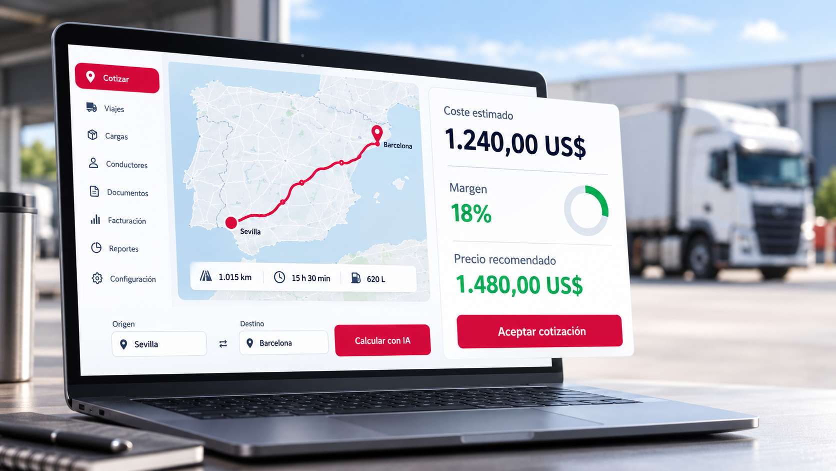 Main view of AI trip cost quoter in Powerload